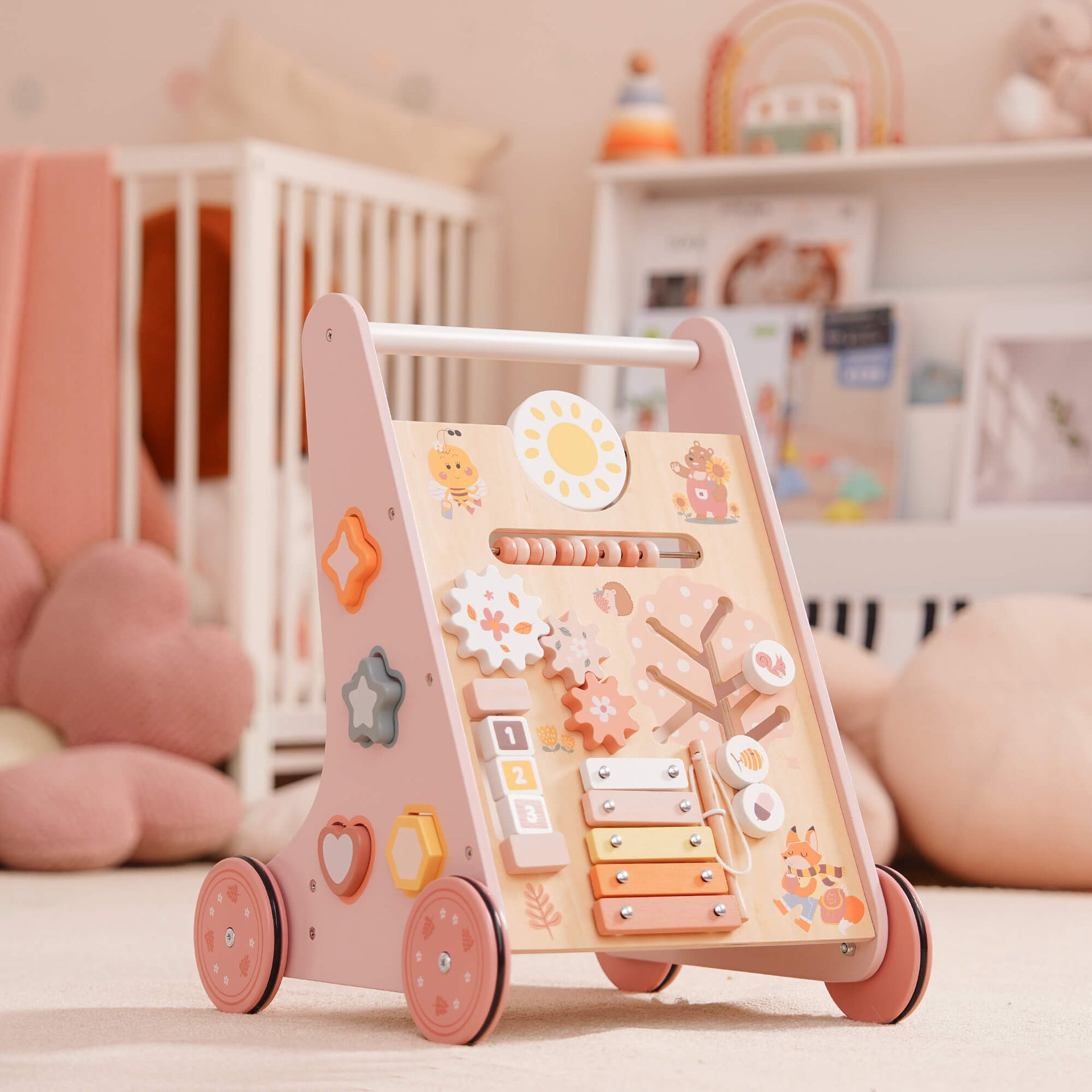 Wooden Pink Baby Walker Toddler Push Toy for Early Learning