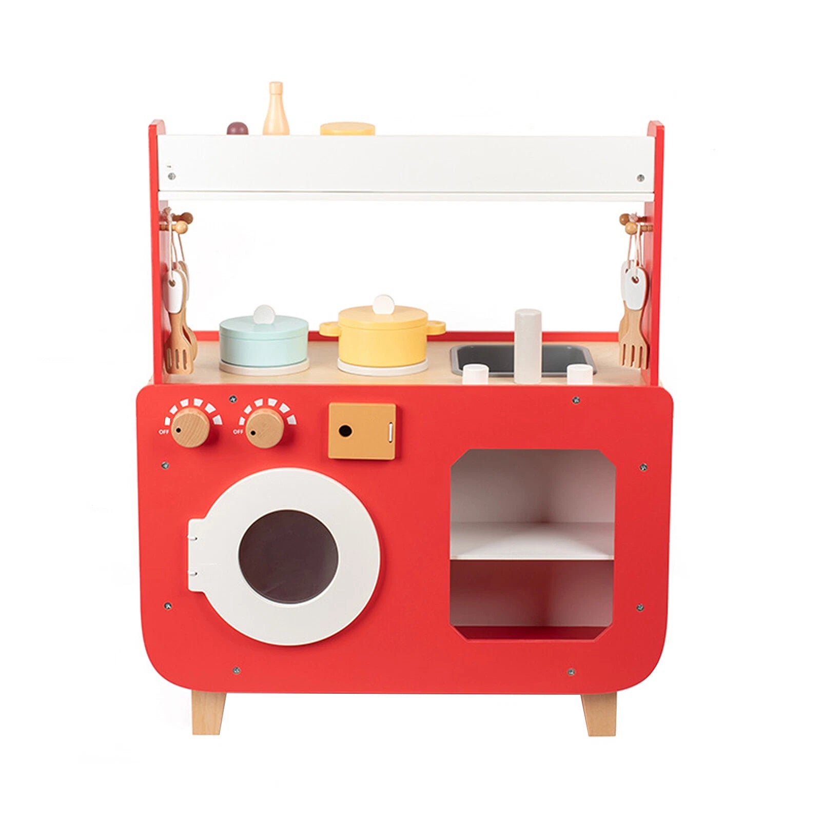 Red Wooden Double-Sided Play Kitchen Set - Lunamoa