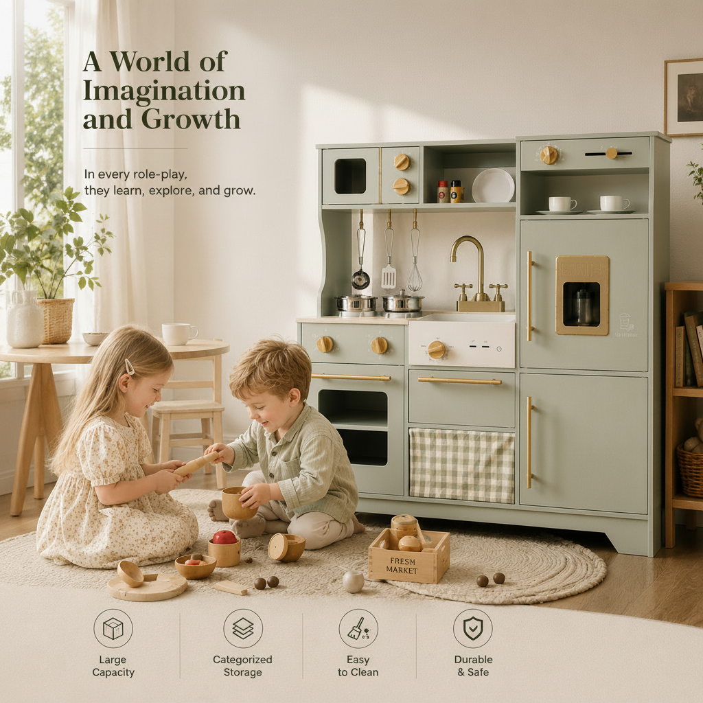 Wooden Play Kitchen Set – Sage Green with Accessories