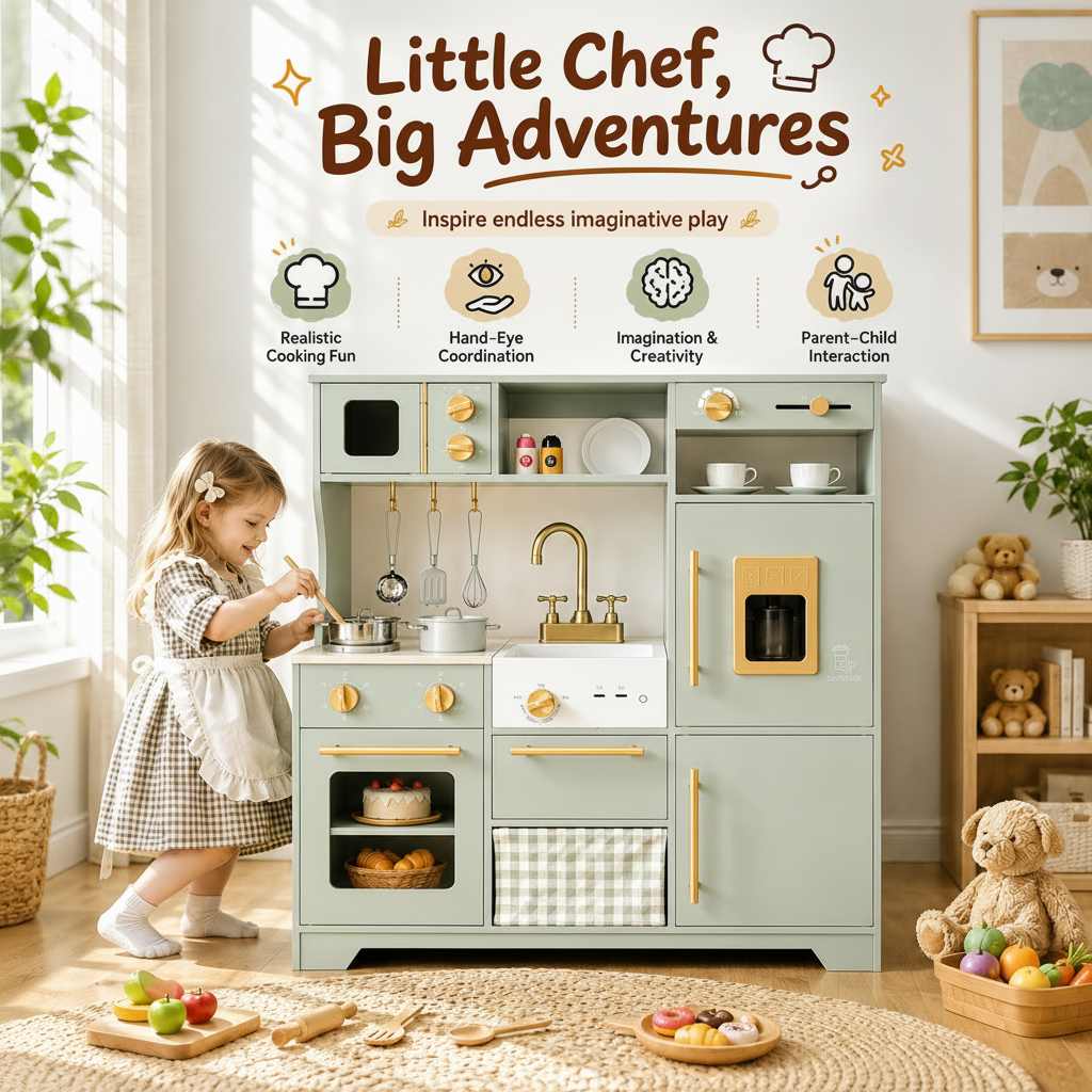 Wooden Play Kitchen Set – Sage Green with Accessories