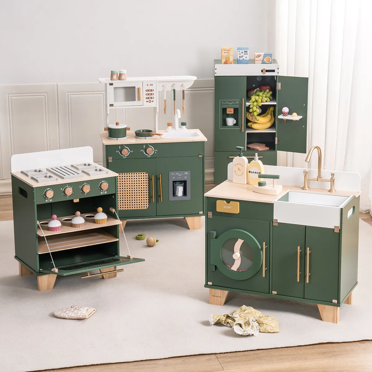 Vintage Green Wooden Toy Kitchen Set