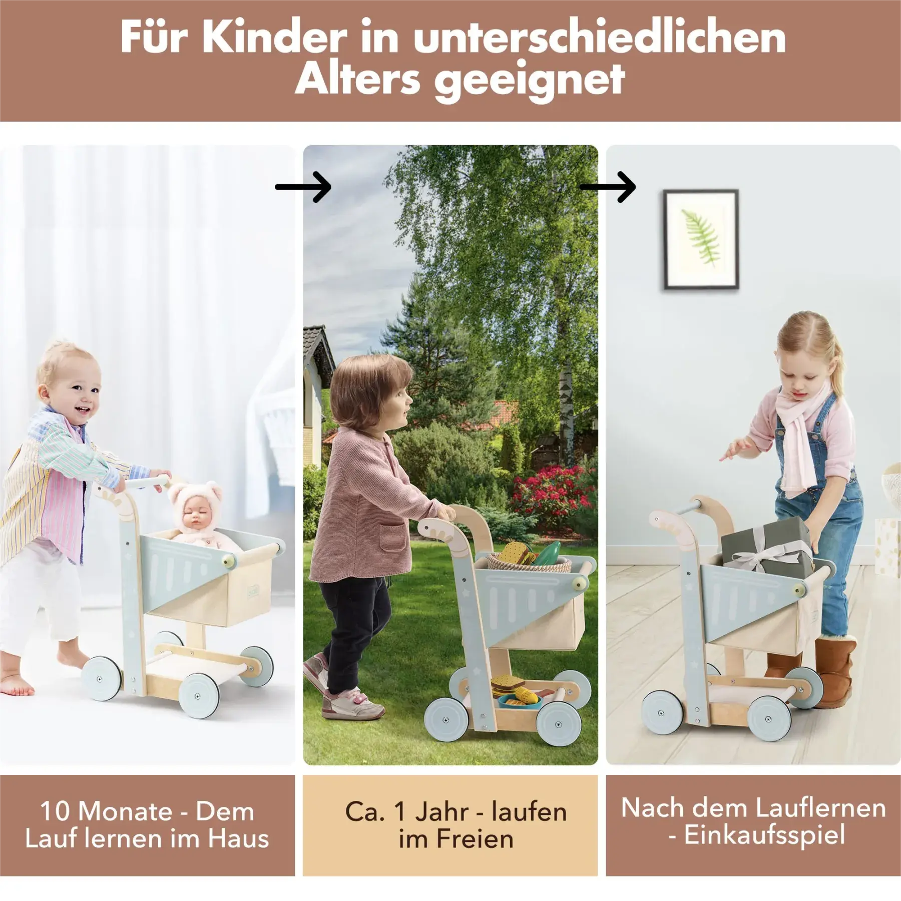 Wooden Baby Push Walker Toy – Dual-Layer Shopping Cart for Toddlers