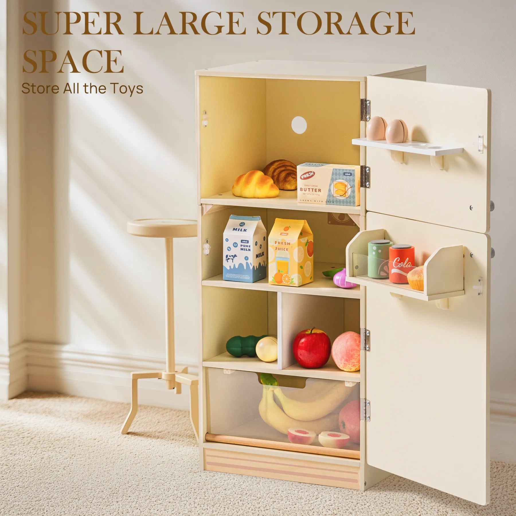 Creamy Wooden Kids Play Kitchen Fridge