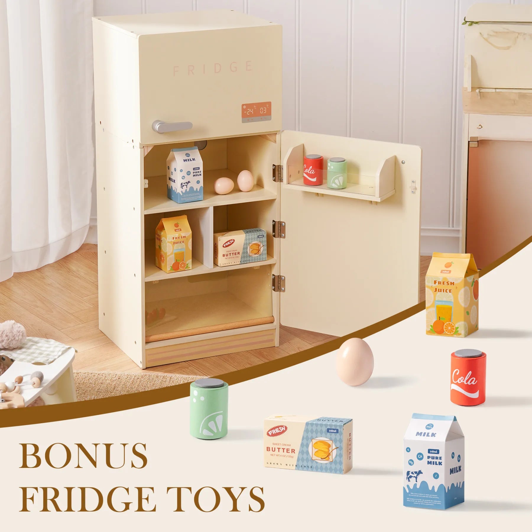 Creamy Wooden Kids Play Kitchen Fridge