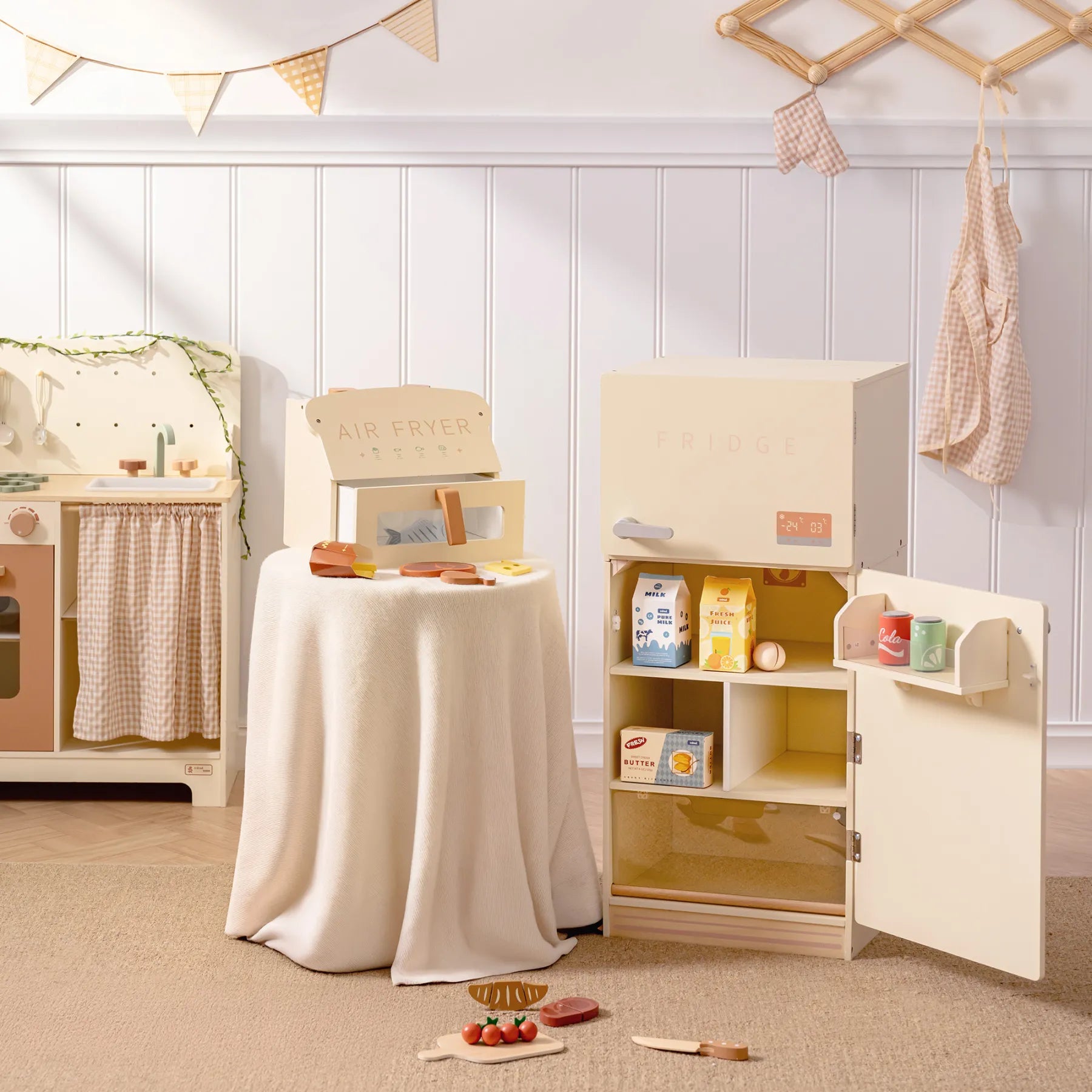 Creamy Wooden Kids Play Kitchen Fridge