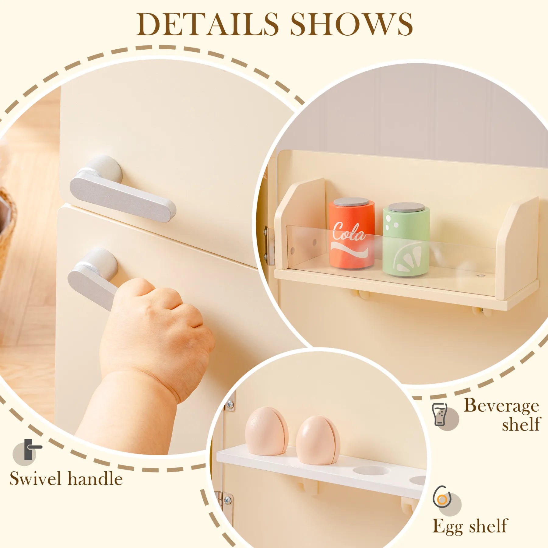Creamy Wooden Kids Play Kitchen Fridge