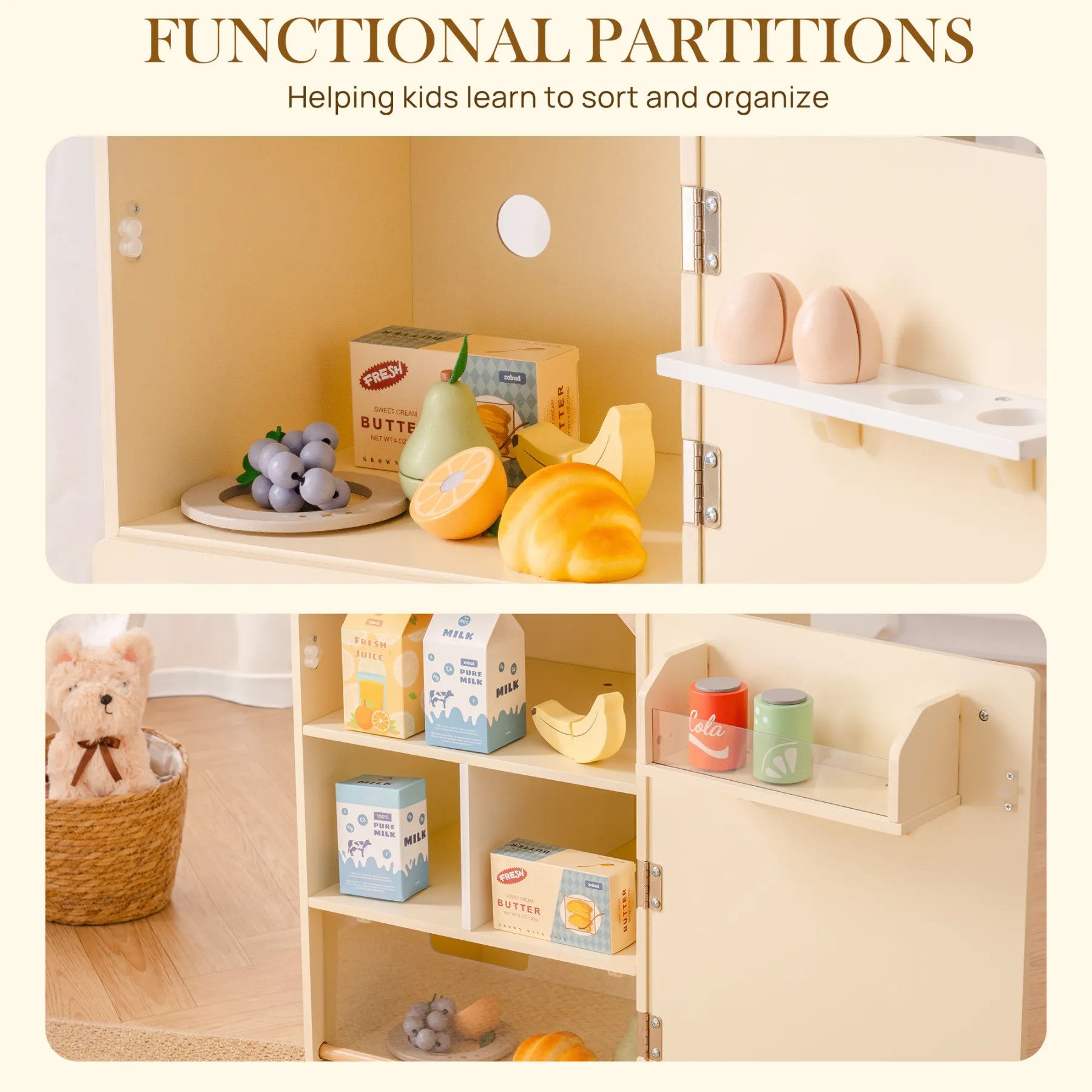 Creamy Wooden Kids Play Kitchen Fridge