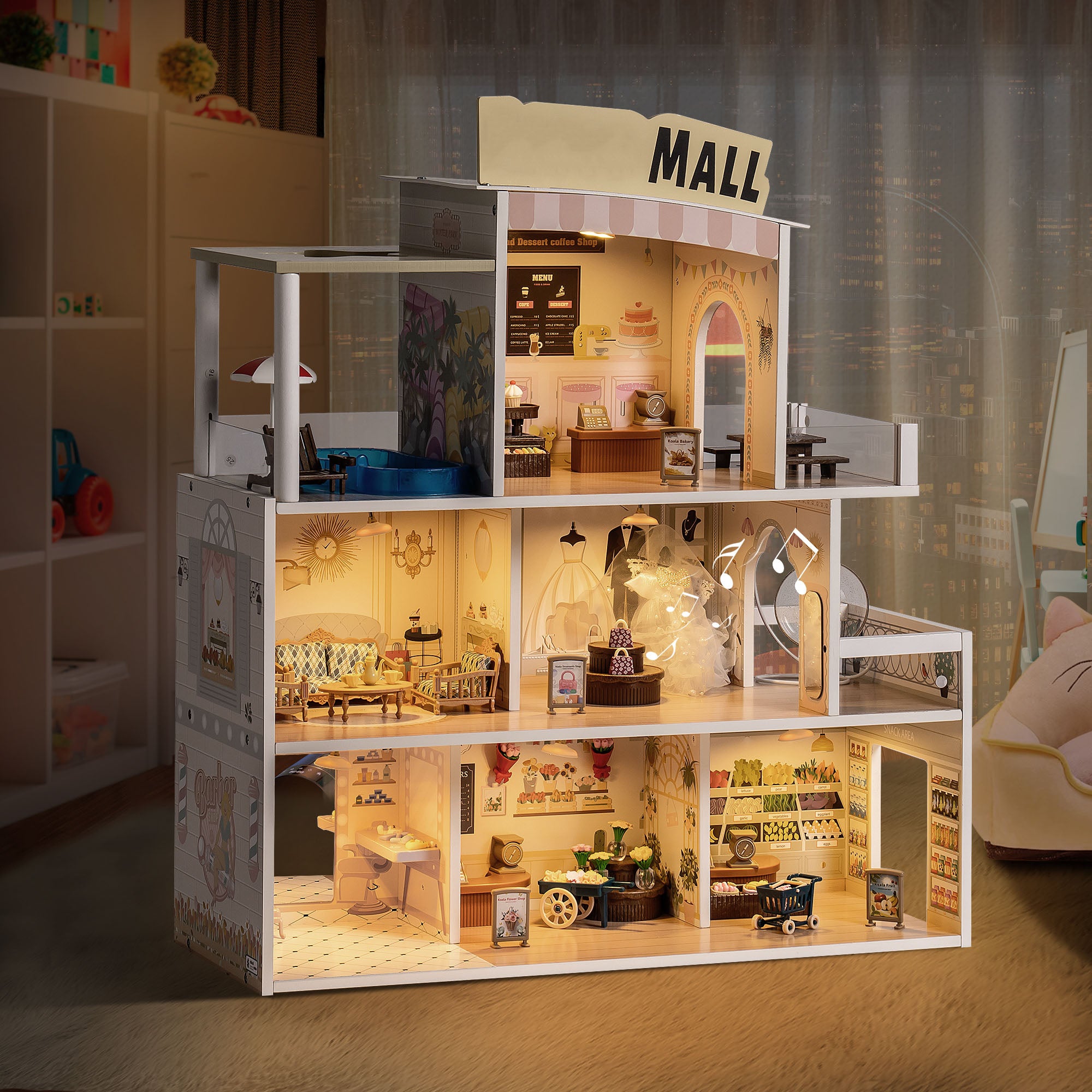 Maison de poupée en bois avec centre commercial pour enfants