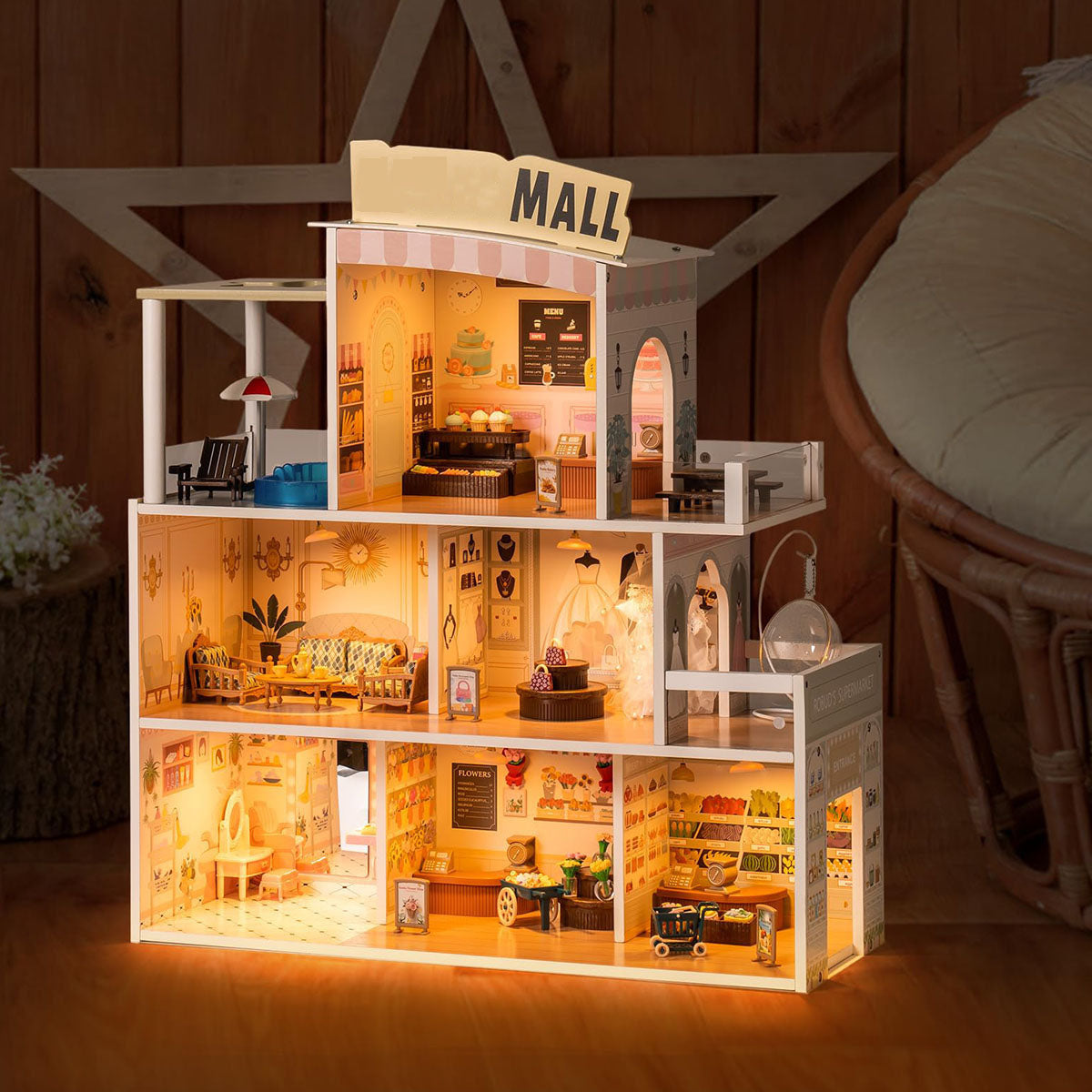 Puppenhaus aus Holz mit Einkaufszentrum für Kinder