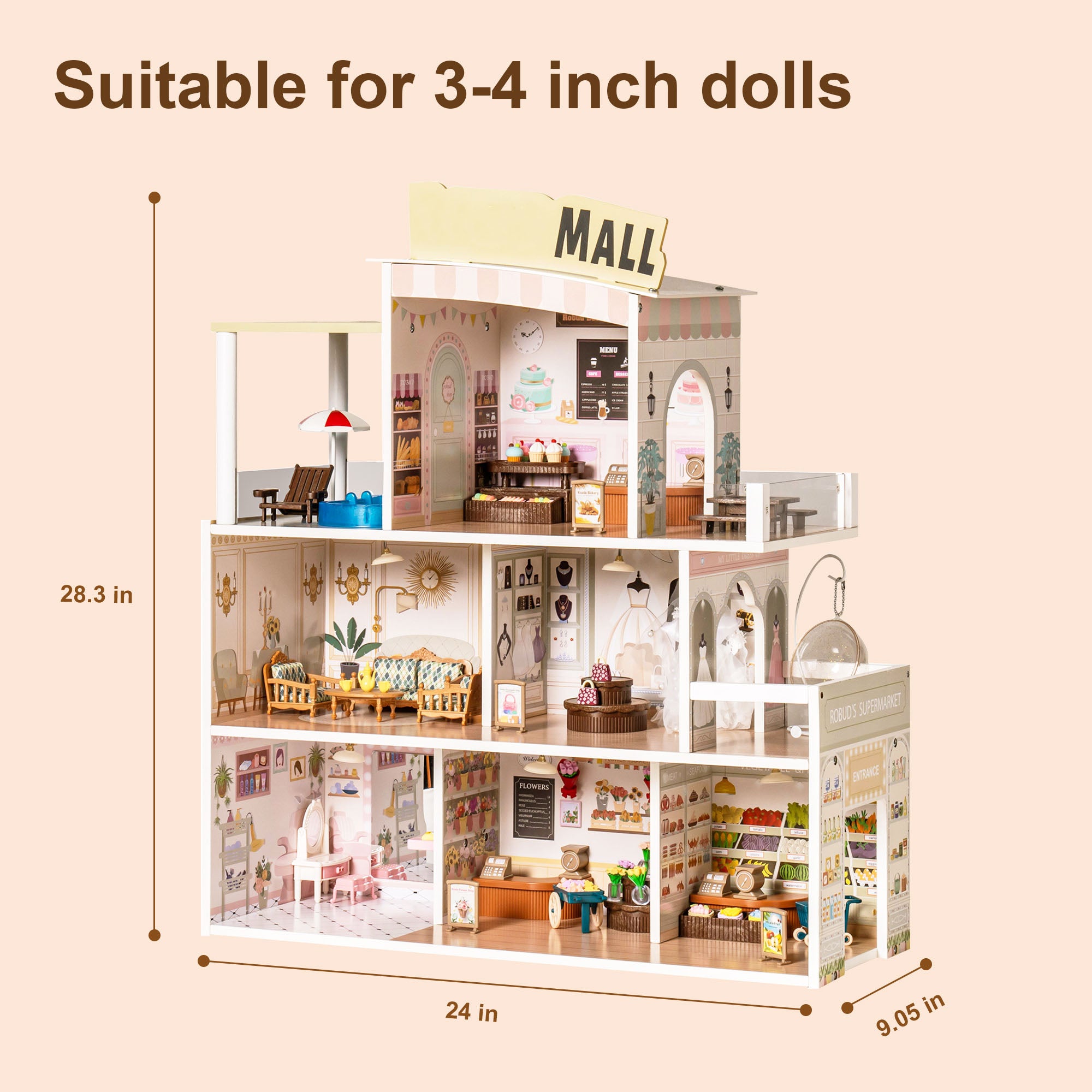 Maison de poupée en bois avec centre commercial pour enfants